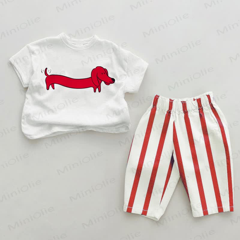 Baby Daschund Red Vertical Striped 2-piece Set - White&Red - 2-3T - image 1