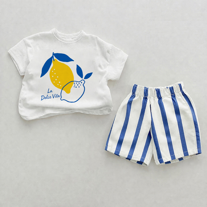 LA DOLCE VITA Baby Lemon Blue Vertical Striped 2-piece Shorts Set - White&Blue - 2-3T - image 1