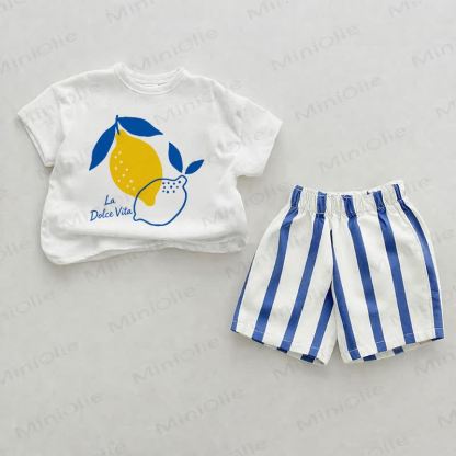 LA DOLCE VITA Baby Lemon Blue Vertical Striped 2-piece Shorts Set - White&Blue - 2-3T - image 1