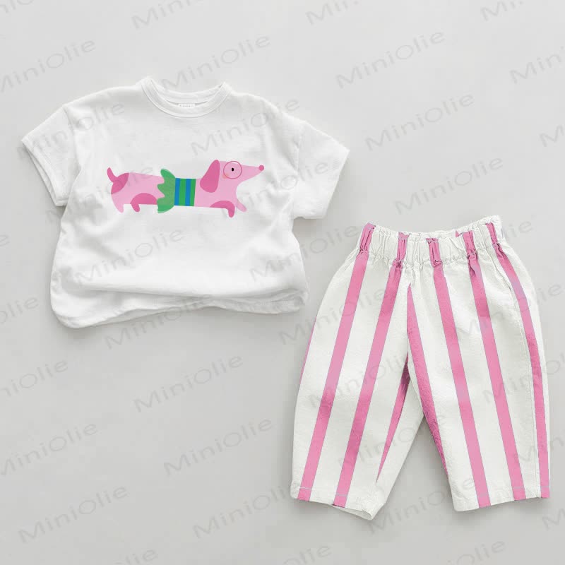 Baby Girl Pink Dog Vertical Striped 2-piece Set - White&Pink - 2-3T - image 1