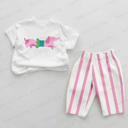 Baby Girl Pink Dog Vertical Striped 2-piece Set - White&Pink - 2-3T - image 1