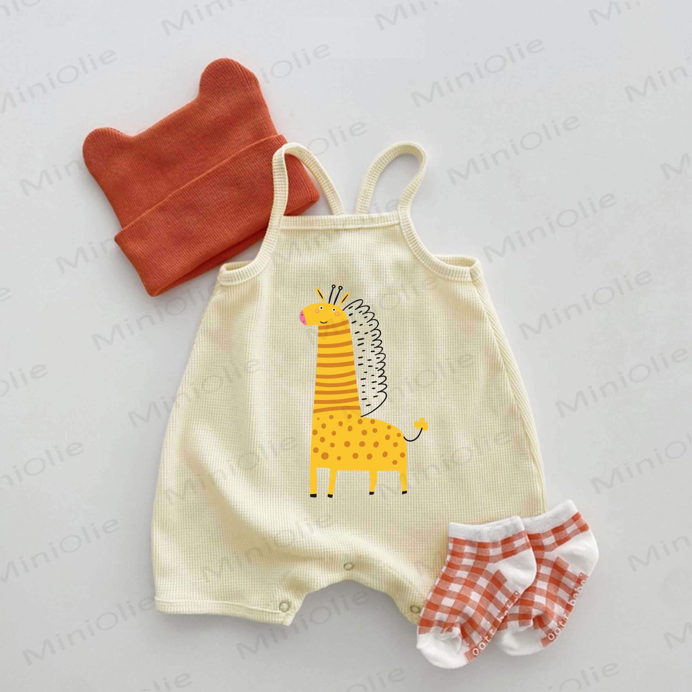 Baby Waffle Suspenders Giraffe Print Romper - Beige - 18-24M - image 1