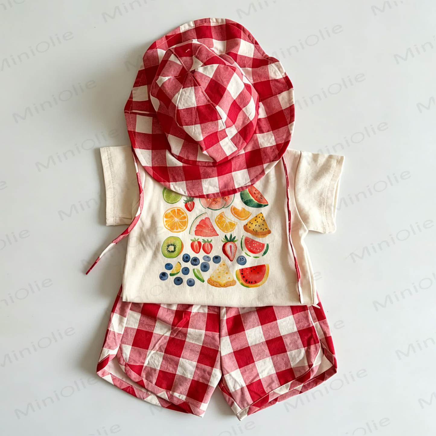 Toddler Red Fruits Print Plaid 2-piece Set with Hat - White&Red - 6-7T - image 1