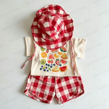 Toddler Red Fruits Print Plaid 2-piece Set with Hat - White&Red - 6-7T - image 1