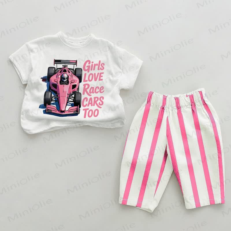 GIRLS LOVE RACE CARS TOO Baby Pink Vertical Striped 2-piece Set - White&Pink - 2-3T - image 1
