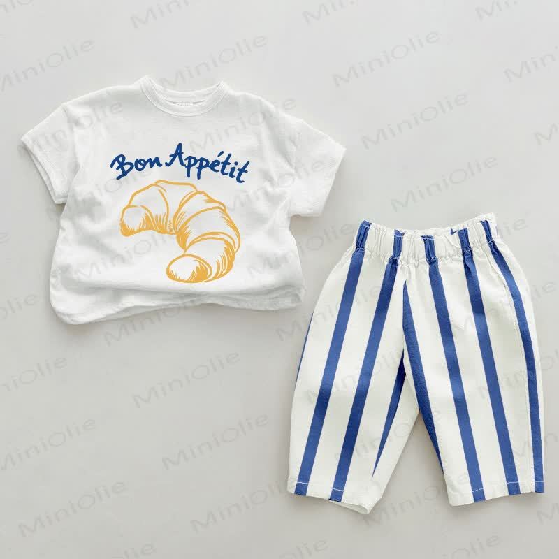 BON APPETIT Baby Blue Croissant Print Vertical Striped 2-piece Set - White&Blue - 2-3T - image 1