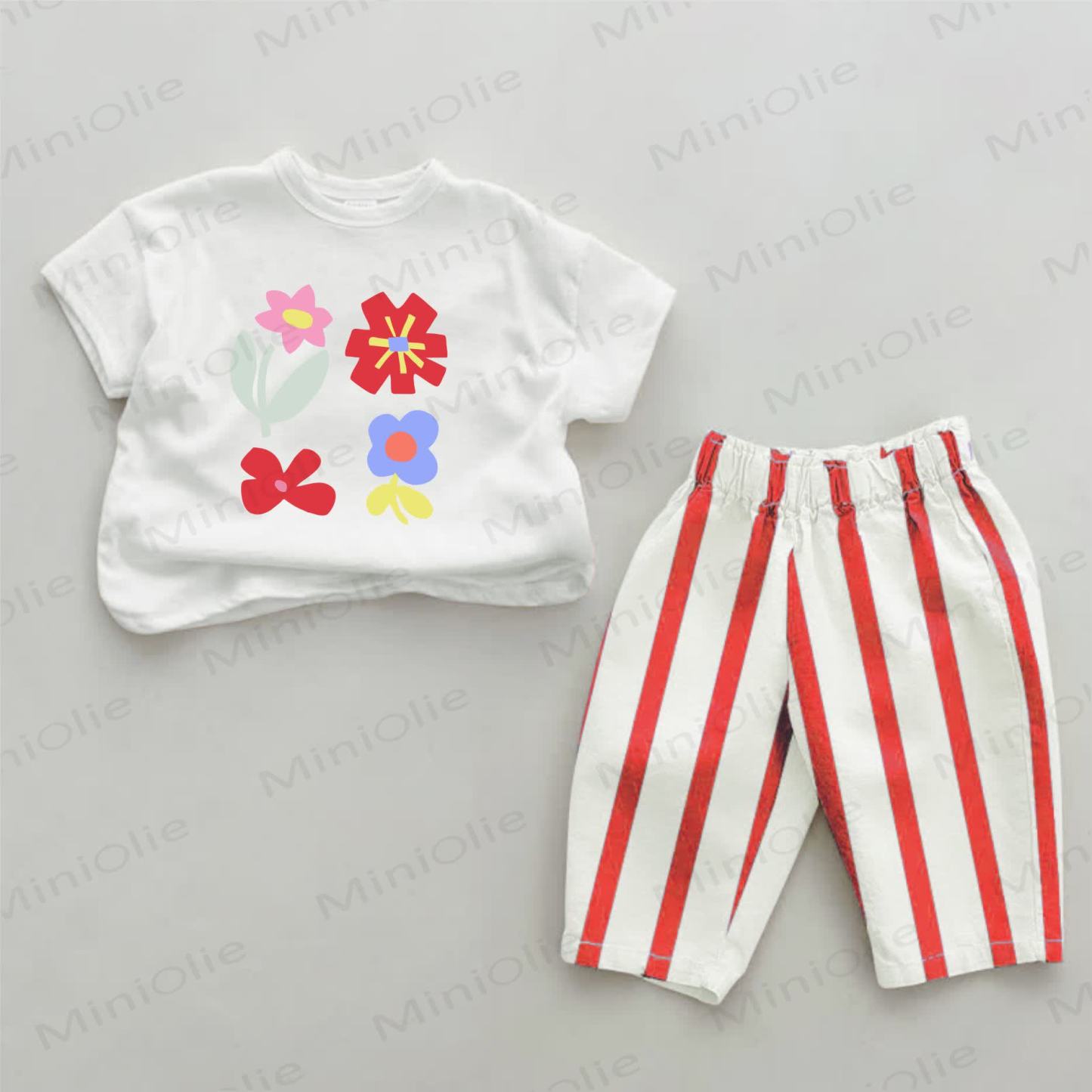 Baby Flower Red Vertical Striped 2-piece Set - White&Red - 2-3T - image 1