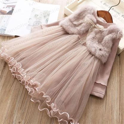 Toddler Girl Imitation Mink Fur Mesh Tutu Dress - Pink - 10Y - image 4