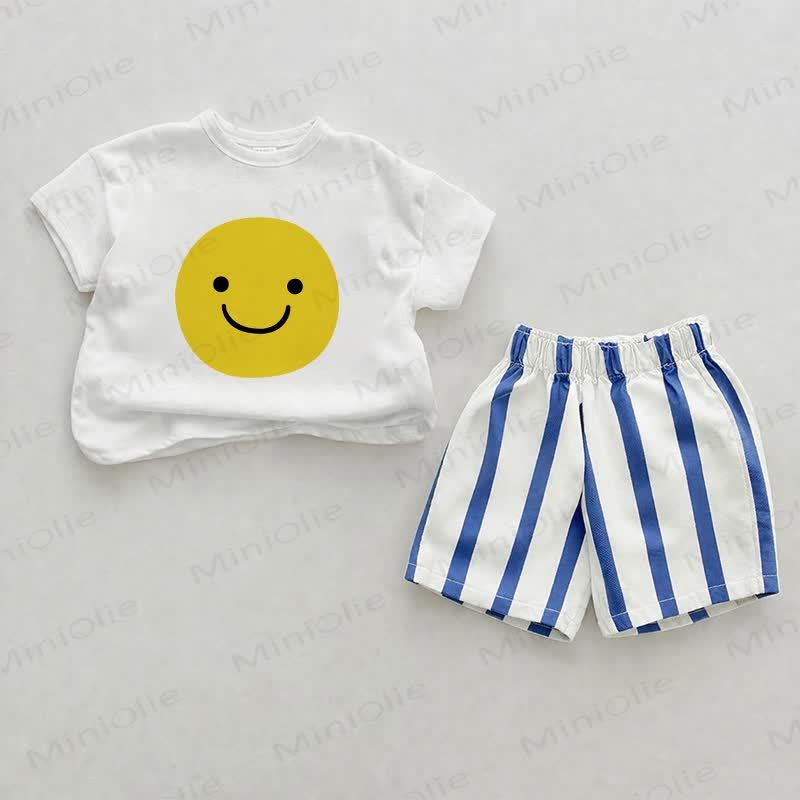  Baby Blue Smiley Face Vertical Striped 2-piece Shorts Set - White&Blue - 2-3T - image 1