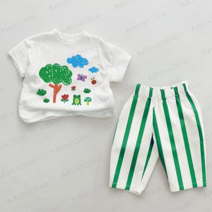 Baby Hand-drawn Painting Green Vertical Striped 2-piece Set - White&Green - 2-3T - image 1