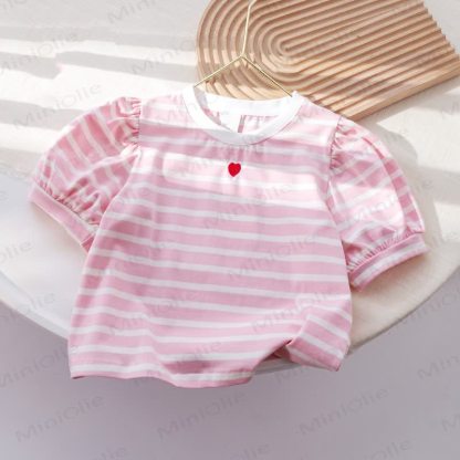 Toddler Baby Girl Pink Heart Striped Puff Sleeve Top and Skirt 2-piece Set - image 3