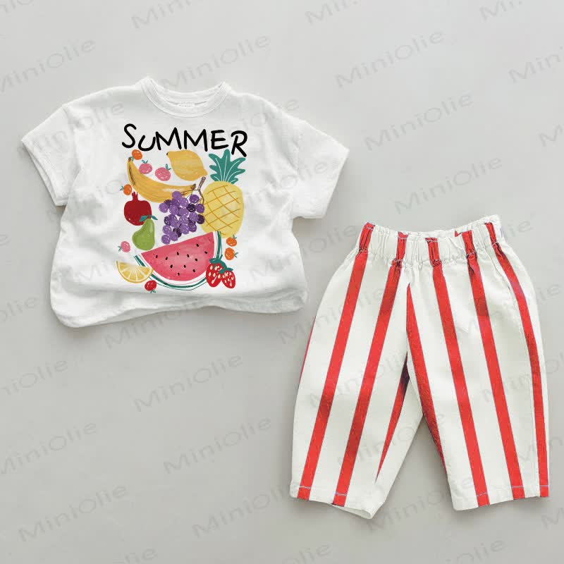 SUMMER Baby Various Fruits Red Striped Pants 2-piece Set - White&Red - 2-3T - image 1
