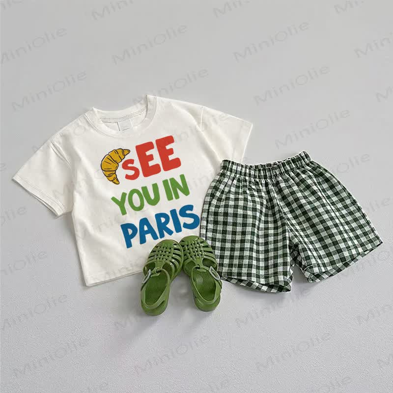 SEE YOU IN PARIS Baby Tee and Plaid Shorts 2-Piece Set - White&Green - 3-5T - image 1