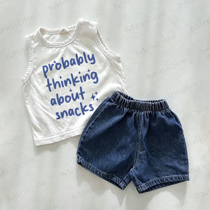 PROBABLY THINKING ABOUT SNACKS Baby Denim Shorts 2-Piece Set - White&Blue - 3-5T - image 1