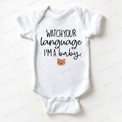 WATCH YOUR LANGUAGE I'M A BABY Baby Bear Print White Bodysuit - White - 18-24M - image 1