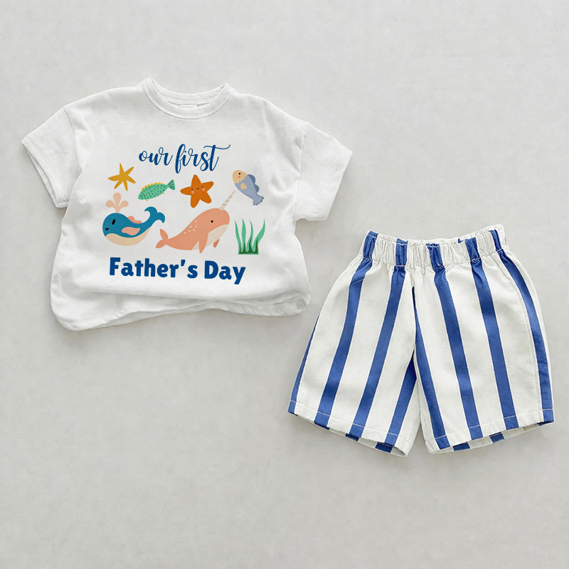OUR FIRST FATHER'S DAY Baby Ocean Animal Print Blue Vertical Striped 2-piece Shorts Set - White&Blue - 2-3T - image 1