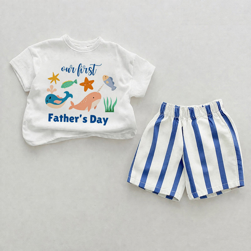 OUR FIRST FATHER'S DAY Baby Ocean Animal Print Blue Vertical Striped 2-piece Shorts Set - White&Blue - 2-3T - image 1