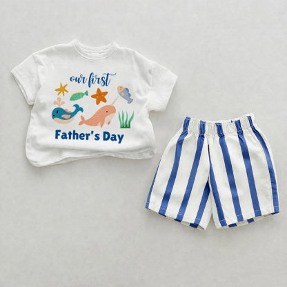 OUR FIRST FATHER'S DAY Baby Ocean Animal Print Blue Vertical Striped 2-piece Shorts Set - White&Blue - 2-3T - image 1