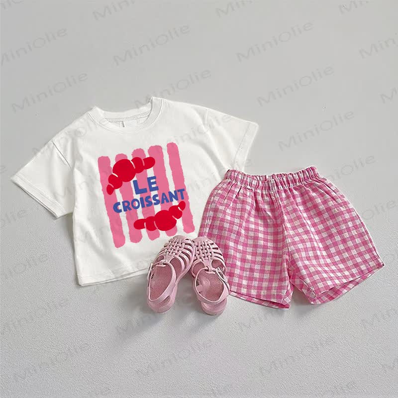 LE CROISSANT Baby Tee and Plaid Shorts 2-Piece Set - White&Pink - 3-5T - image 1