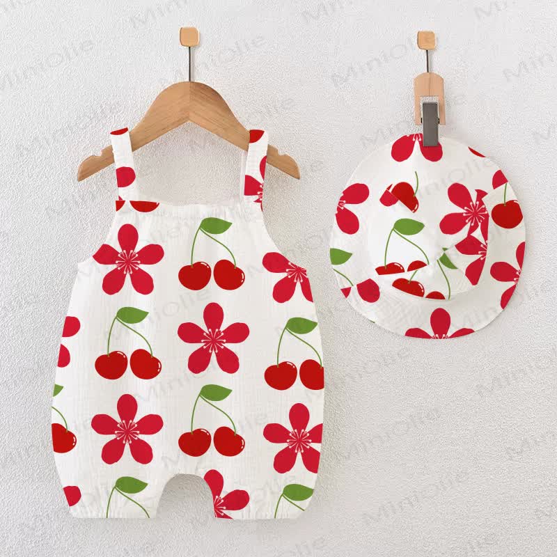 Baby Girl Cherry Flower Romper with Hat - White - 18-24M - image 1