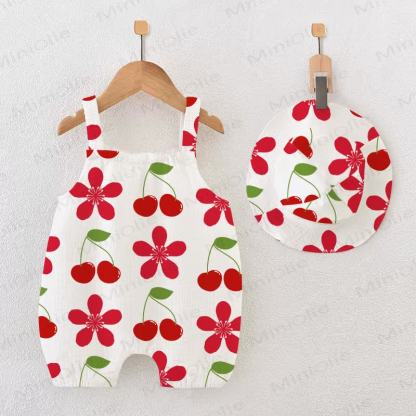 Baby Girl Cherry Flower Romper with Hat - White - 18-24M - image 1