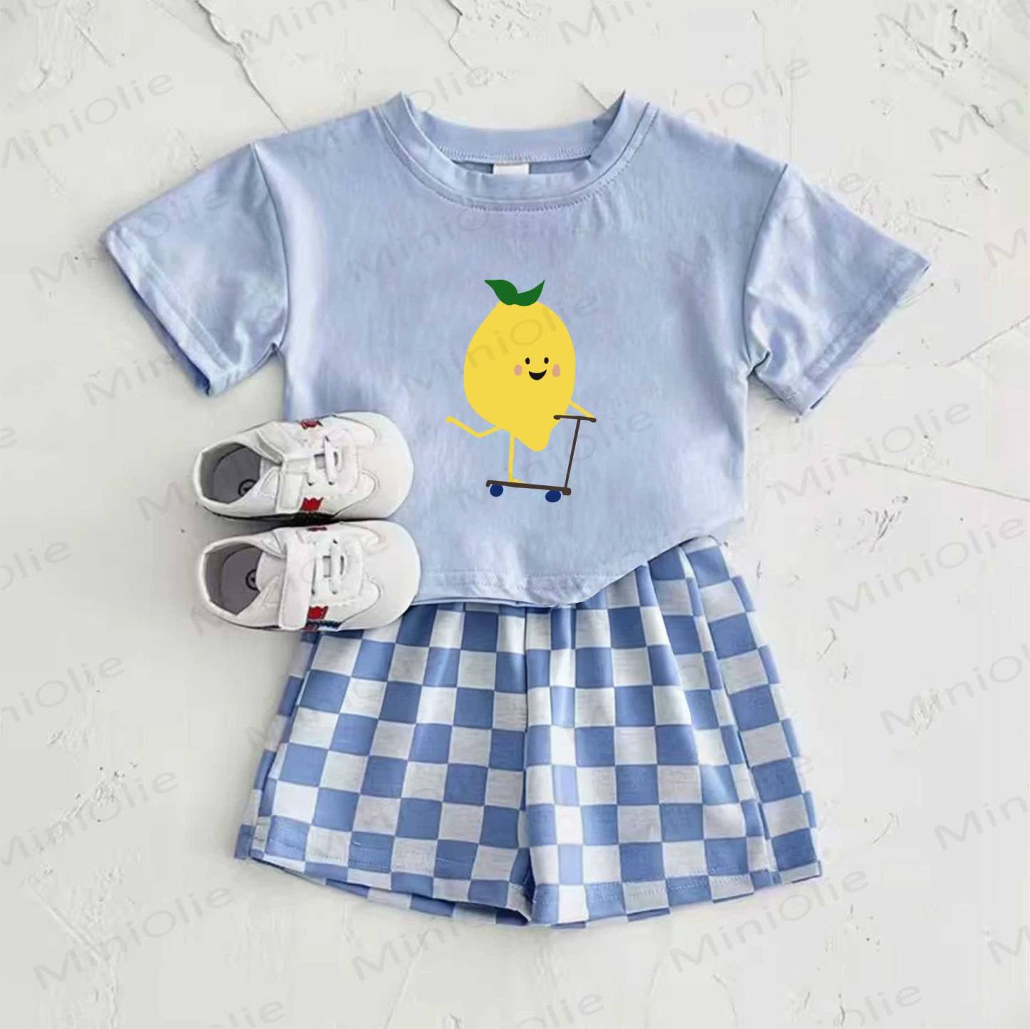 Baby Blue Lemon Print T-shirt and Plaid Pants 2-Piece Set - Blue - 2-3T - image 1