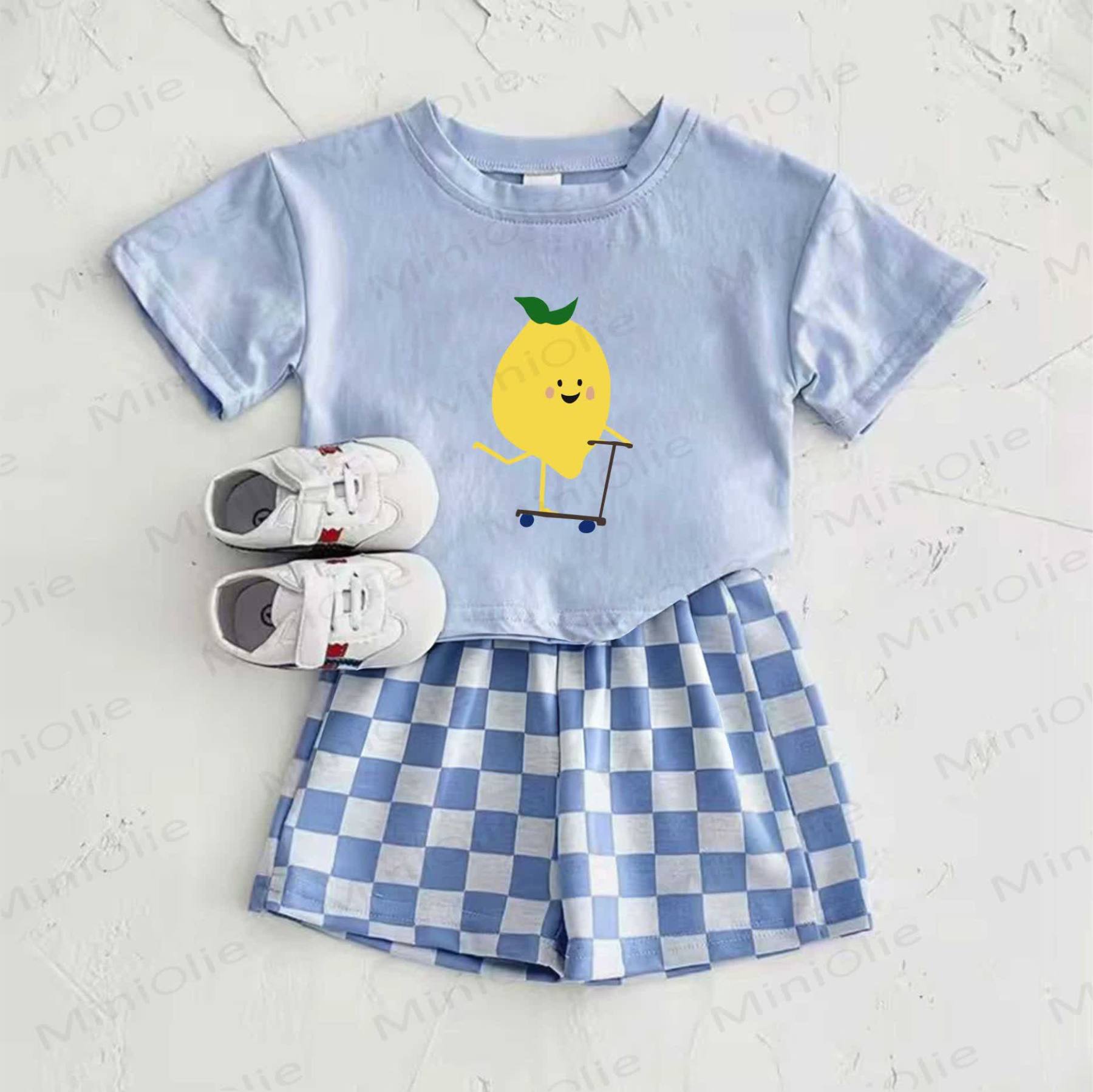 Baby Blue Lemon Print T-shirt and Plaid Pants 2-Piece Set - Blue - 2-3T - image 1