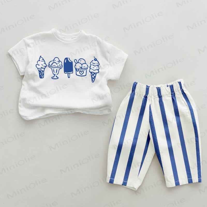 Baby Ice Cream Pattern Vertical Striped 2-piece Set - White&Blue - 2-3T - image 1
