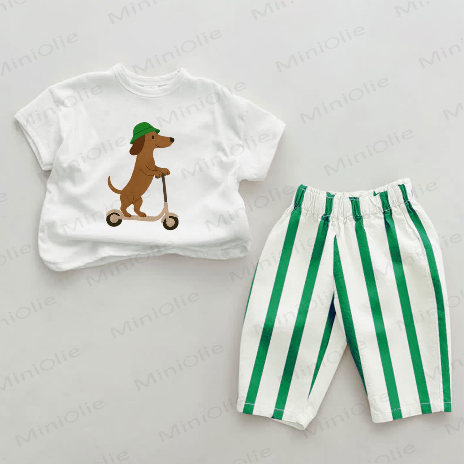 Baby Green Skateboarding Dog Vertical Striped 2-piece Set - White&Green - 2-3T - image 1