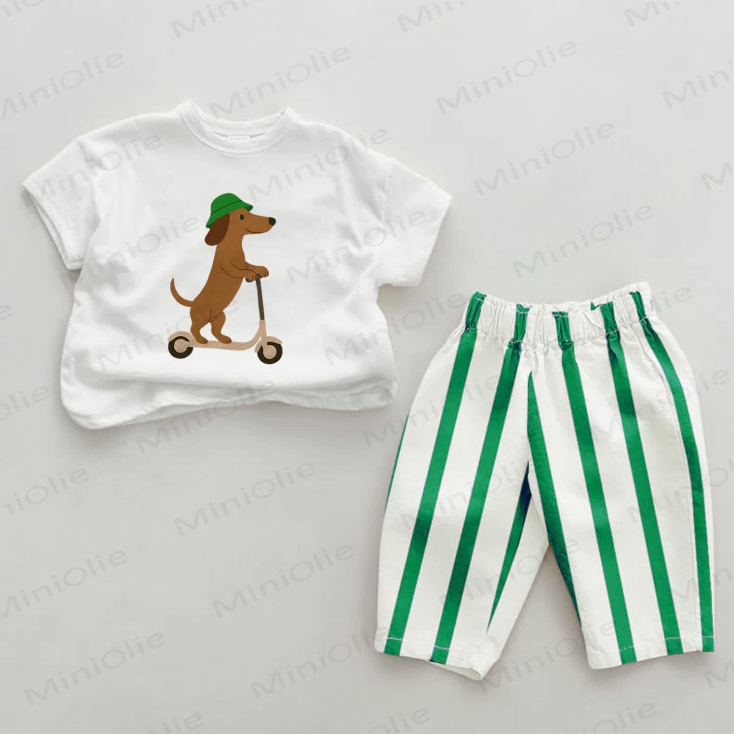 Baby Green Skateboarding Dog Vertical Striped 2-piece Set - White&Green - 2-3T - image 1