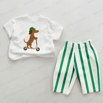Baby Green Skateboarding Dog Vertical Striped 2-piece Set - White&Green - 2-3T - image 1