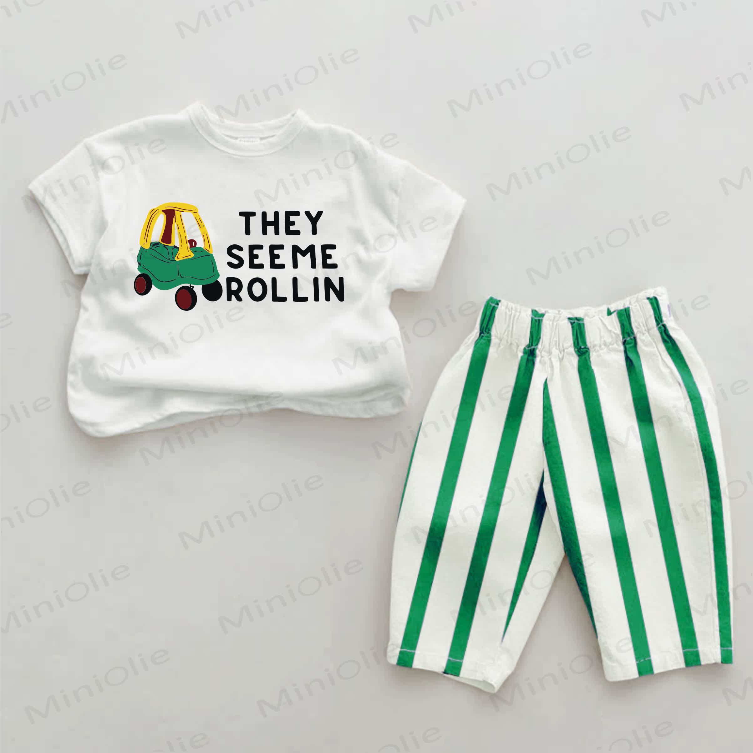 THEY SEE ME ROLLIN Baby Green Car Print Vertical Striped 2-piece Set - White&Green - 2-3T - image 1