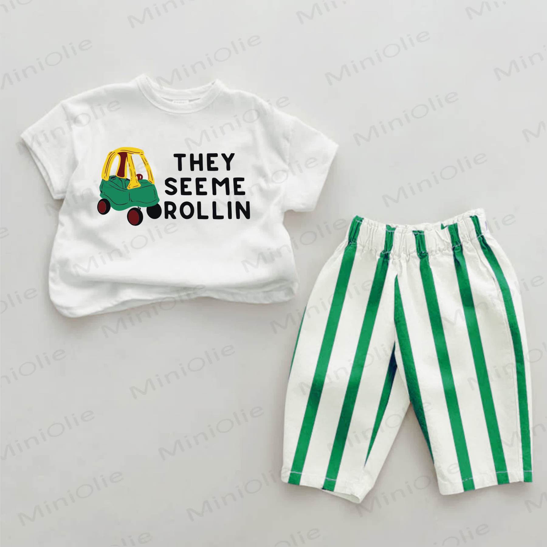 THEY SEE ME ROLLIN Baby Green Car Print Vertical Striped 2-piece Set - White&Green - 2-3T - image 1