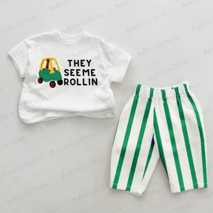 THEY SEE ME ROLLIN Baby Green Car Print Vertical Striped 2-piece Set - White&Green - 2-3T - image 1
