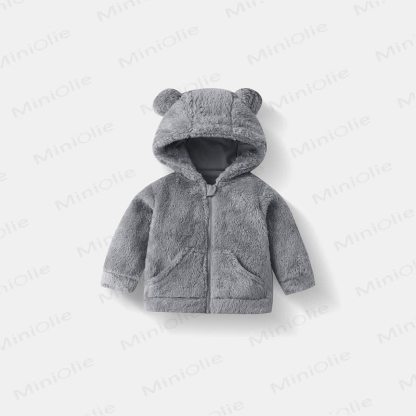 Baby Toddle Hooded Solid Color Fleece Outerwear - Gray - 5-7T - image 5