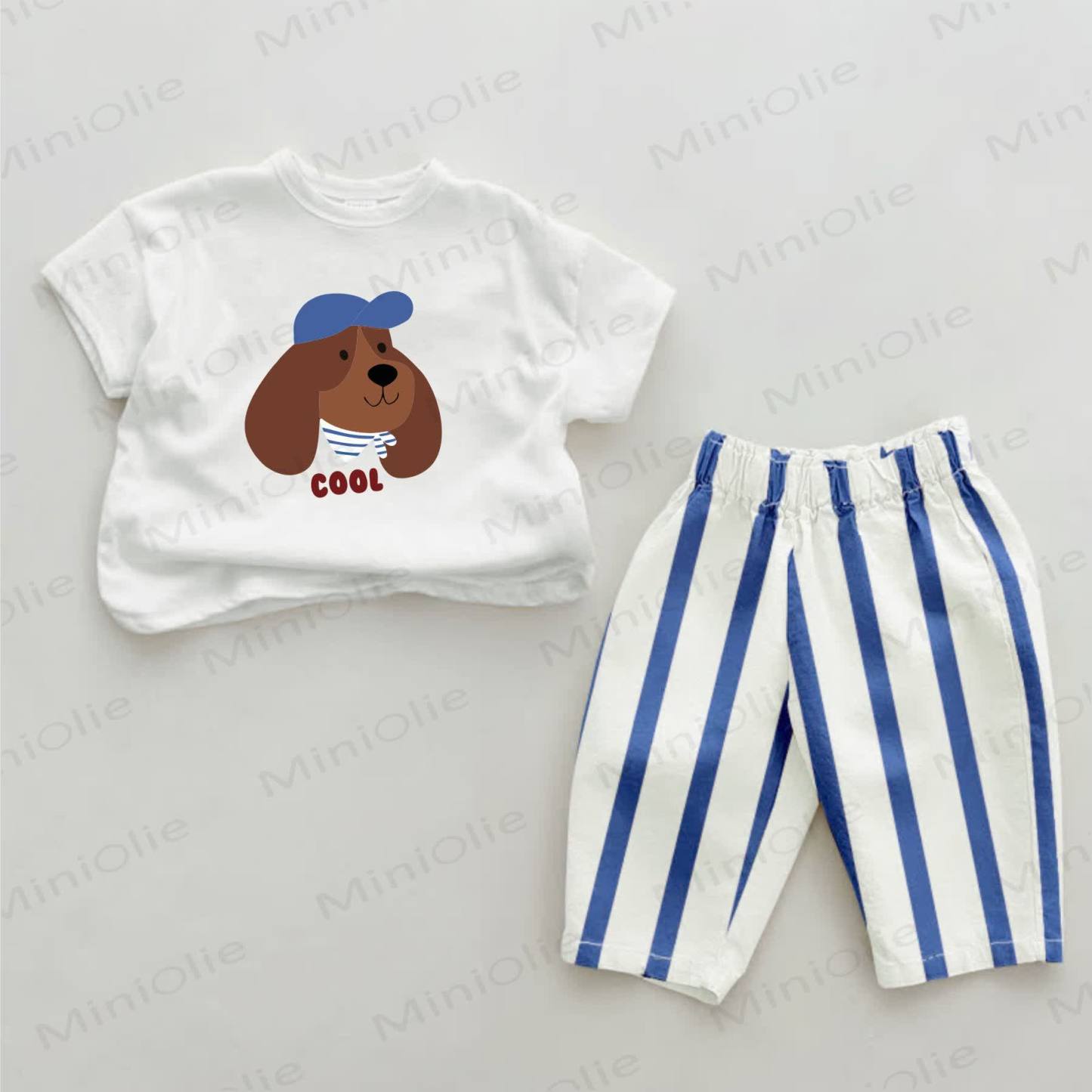 COOL Baby Dog Blue Vertical Striped 2-piece Set - White&Blue - 2-3T - image 1