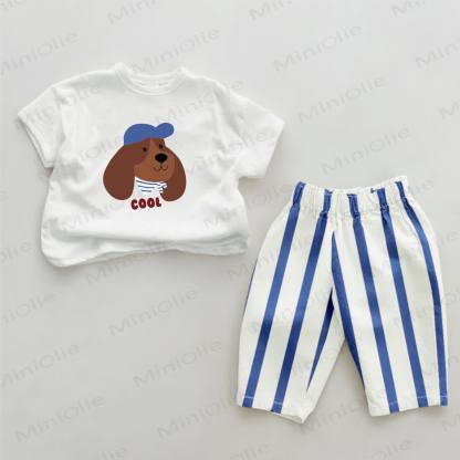 COOL Baby Dog Blue Vertical Striped 2-piece Set - White&Blue - 2-3T - image 1