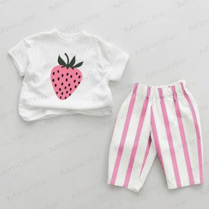 Baby Pink Strawberry Vertical Striped 2-piece Set - White&Pink - 2-3T - image 1