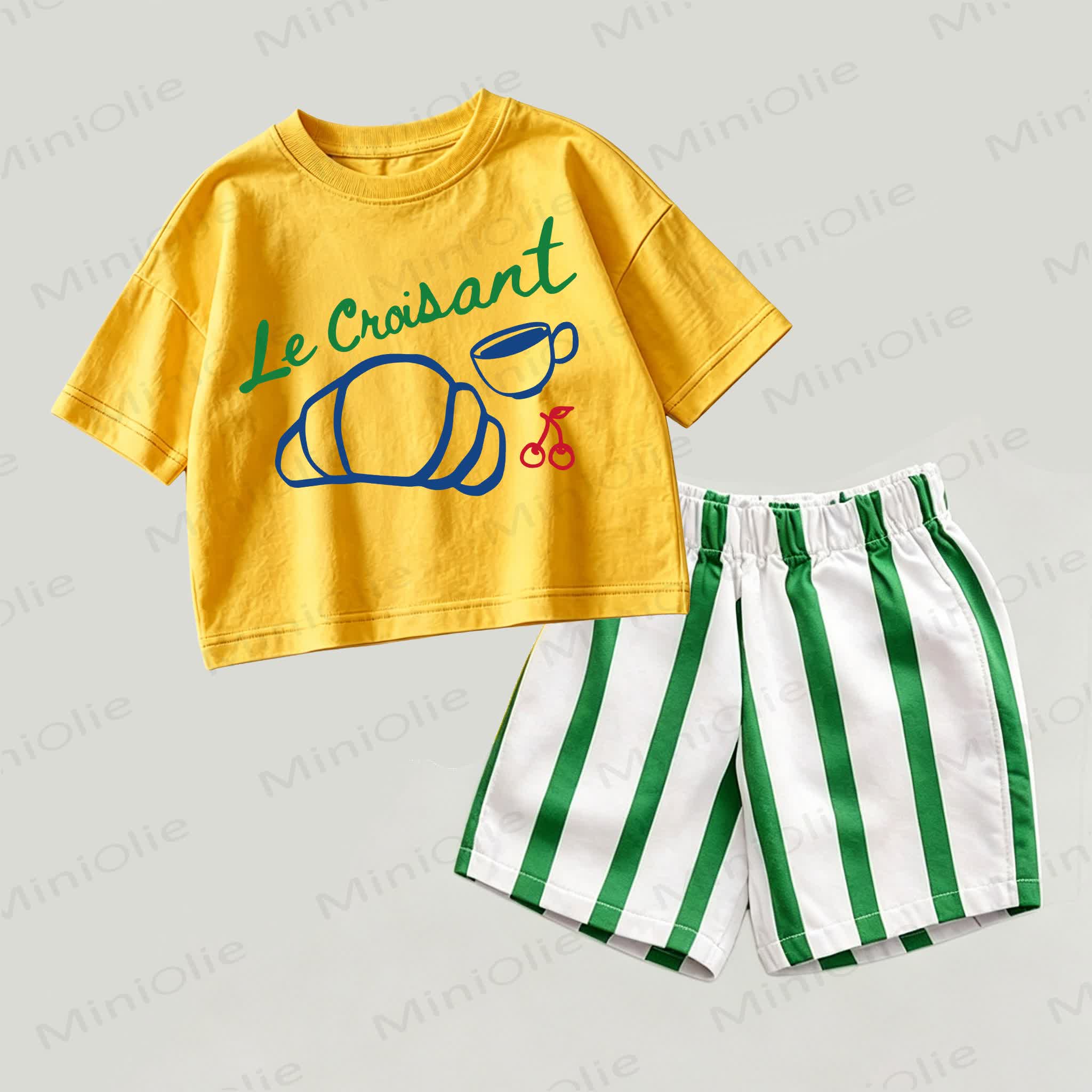 LE CROISSANT Baby Yellow&Green Top and Striped Shorts 2-piece Set - Yellow&Green - 2-3T - image 1