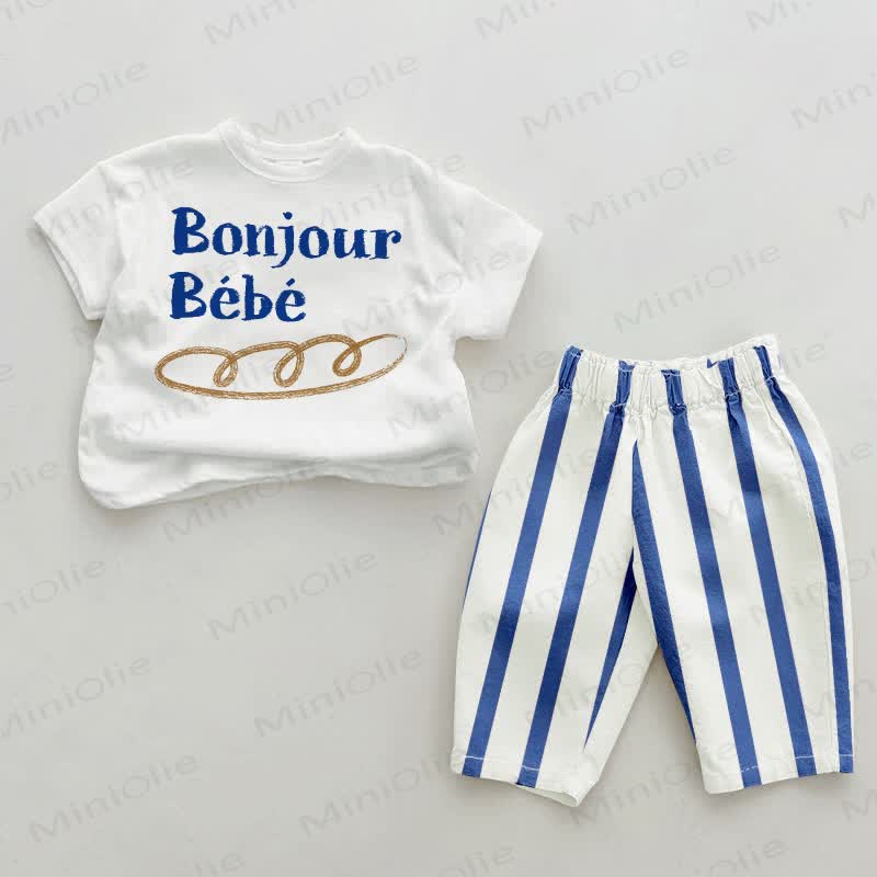 BONJOUR BEBE Baby Blue Vertical Striped Pants 2-piece Set - White&Blue - 2-3T - image 1