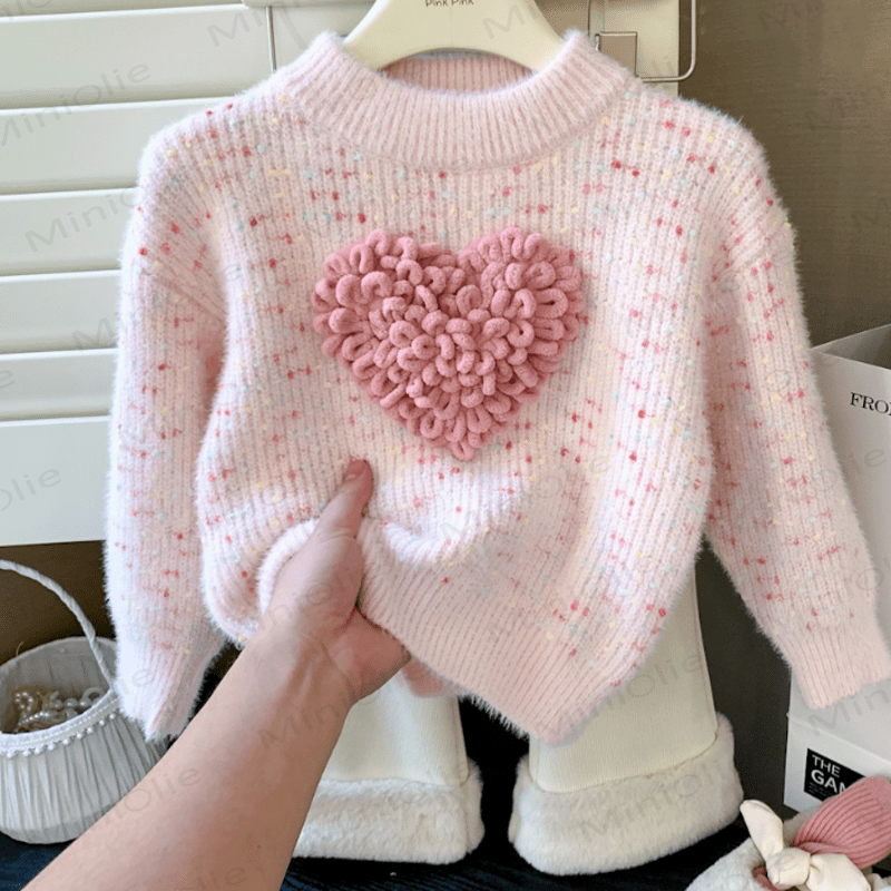 Kid Girl Pink Heart Knitted Pullover Sweater - Pink - 10Y - image 3