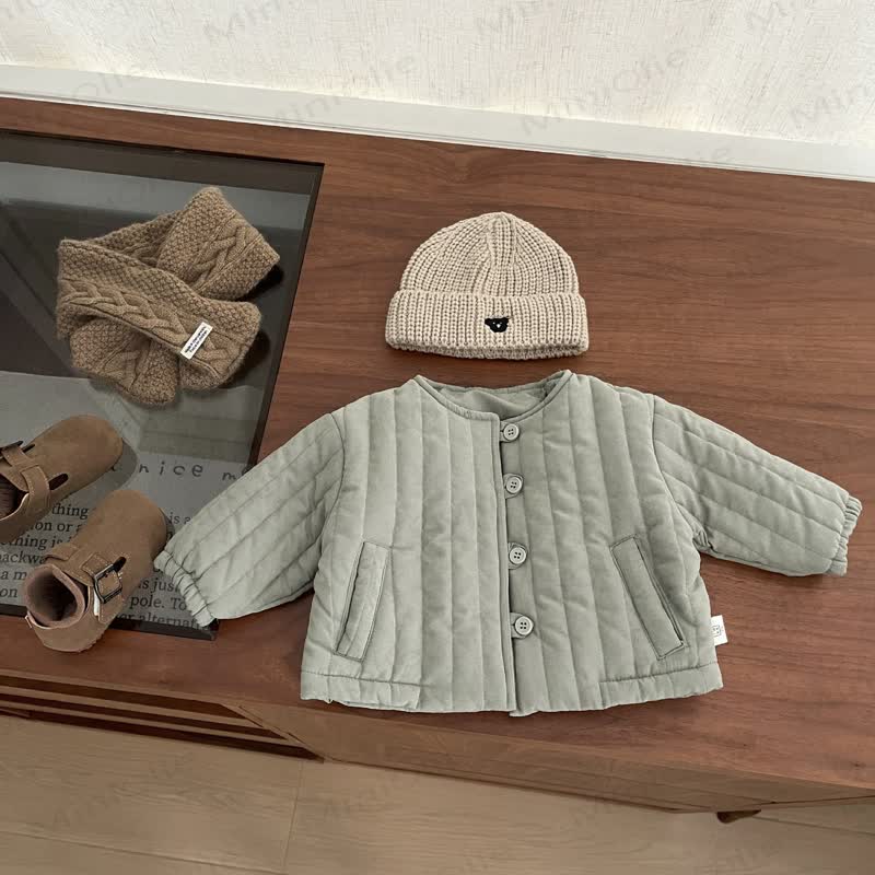 Baby Solid Color Quilted Round Neck Outerwear - Green - 3-5T - image 3