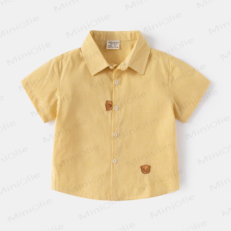 Kid Boy Cartoon Bear Plaid Shirt Top - Yellow - 8Y - image 9