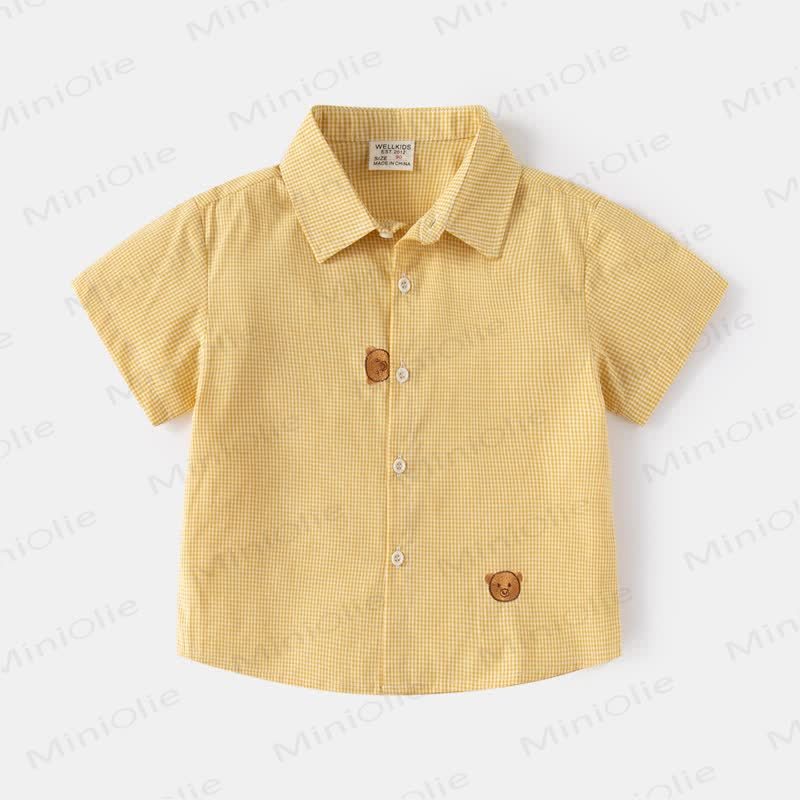 Kid Boy Cartoon Bear Plaid Shirt Top - Yellow - 8Y - image 9
