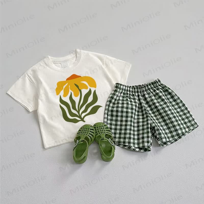 Baby Flower Tee and Plaid Shorts 2-Piece Set - White&Green - 3-5T - image 1
