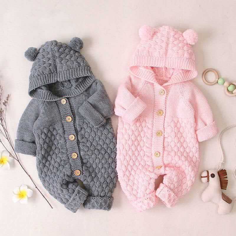 Baby Bear Ear Hooded Fleece Knit Romper - image 12