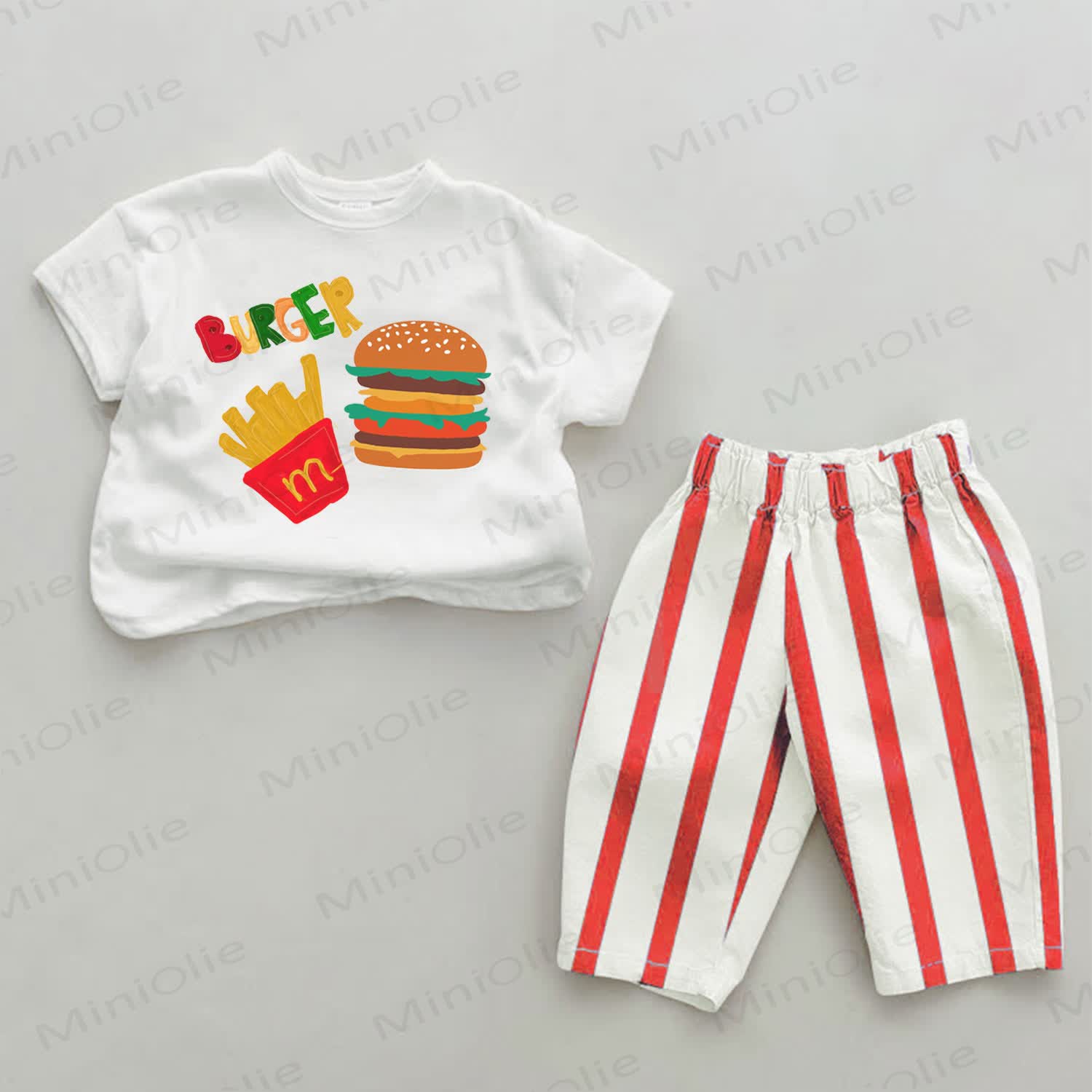 BURGER Baby Hamburger Print Red Striped 2-piece Set - White&Red - 2-3T - image 1
