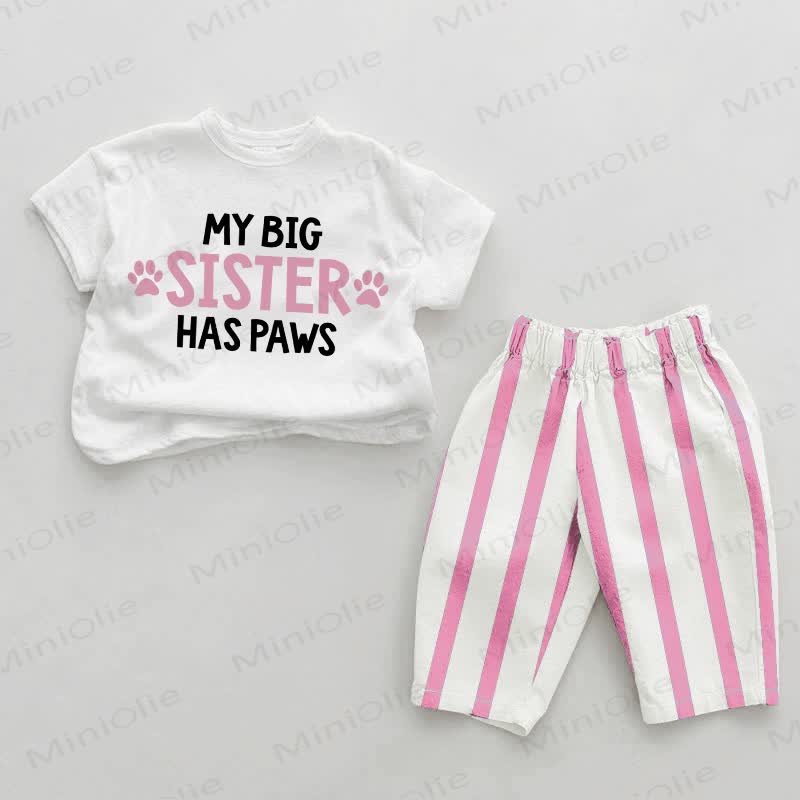 MY BIG SISTER HAS PAWS Baby Girls Slogan Pink Vertical Striped 2-piece Set - White&Pink - 2-3T - image 1