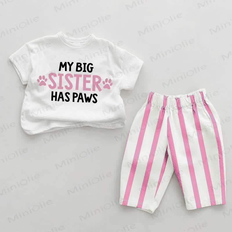 MY BIG SISTER HAS PAWS Baby Girls Slogan Pink Vertical Striped 2-piece Set - White&Pink - 2-3T - image 1
