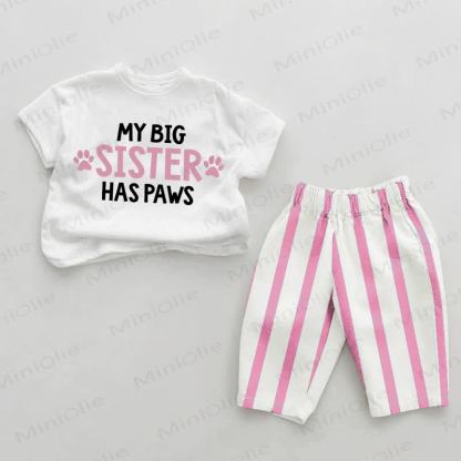 MY BIG SISTER HAS PAWS Baby Girls Slogan Pink Vertical Striped 2-piece Set - White&Pink - 2-3T - image 1